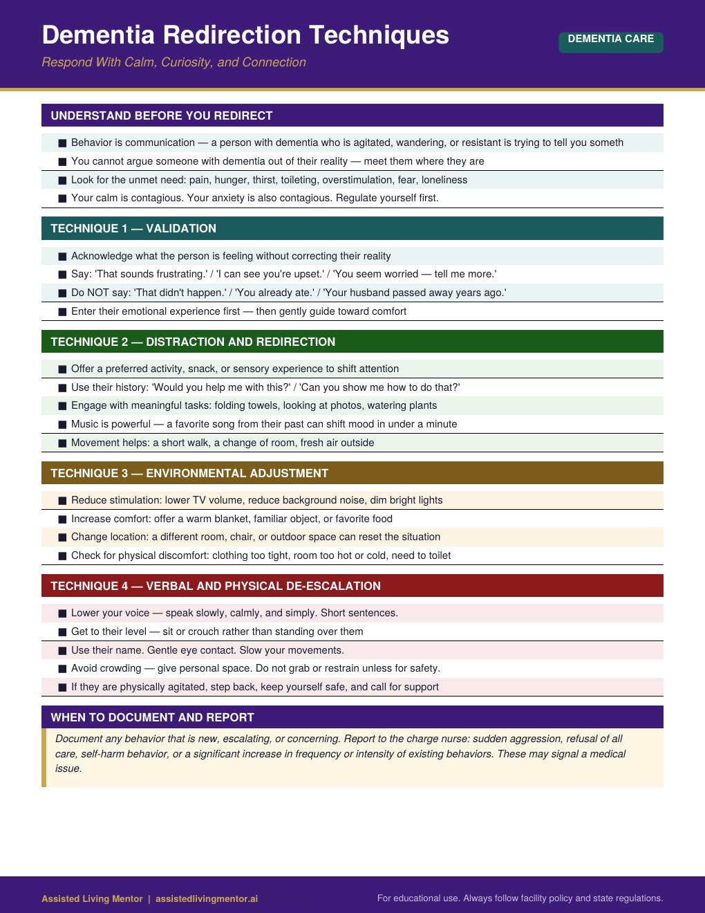 Dementia Redirection caregiver reference card