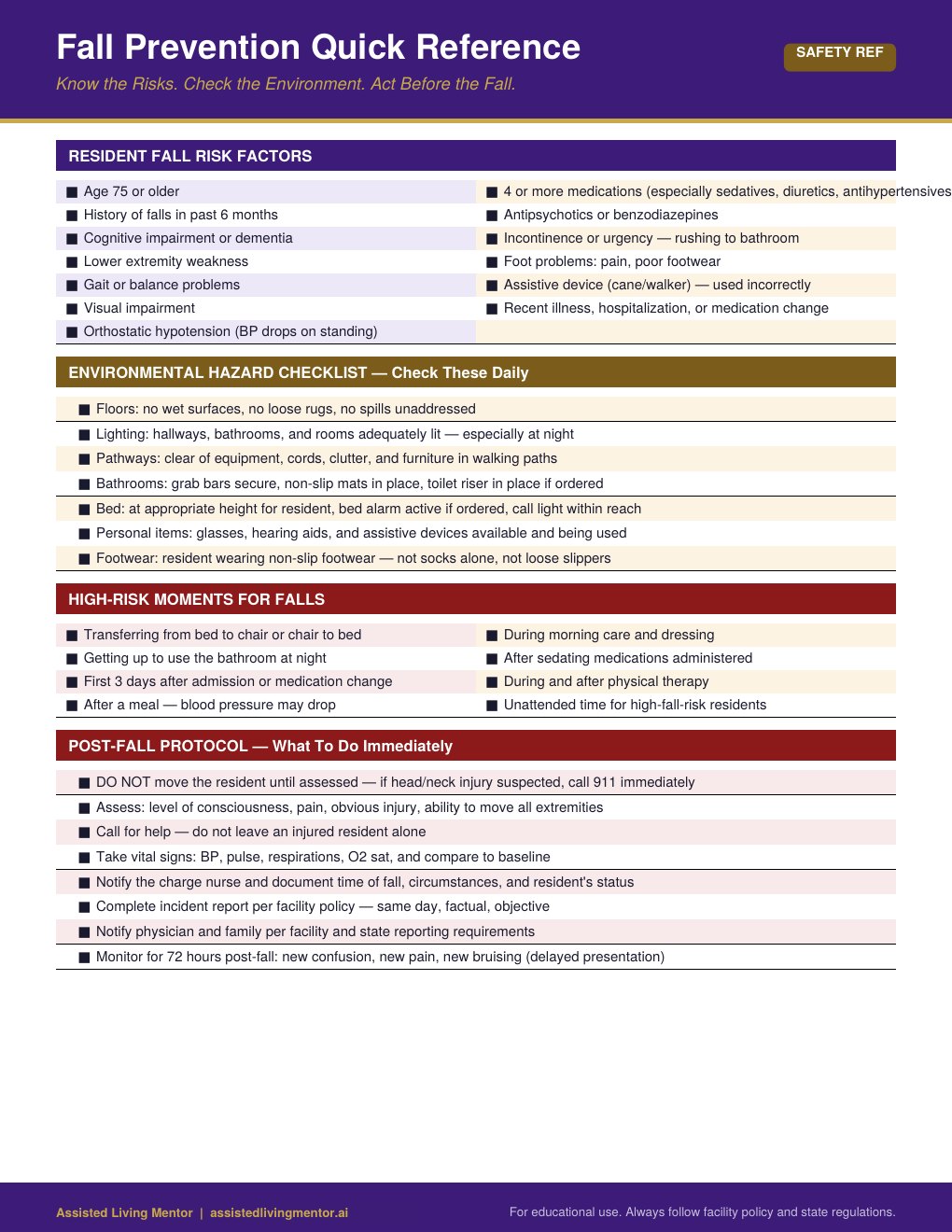 Fall Prevention reference card