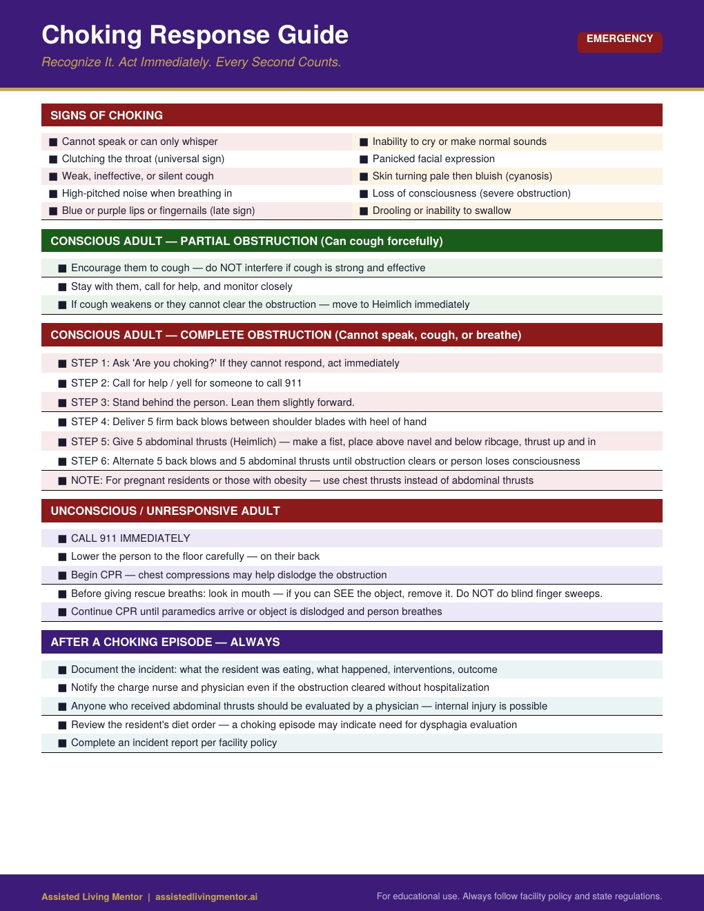 Choking Response caregiver reference card