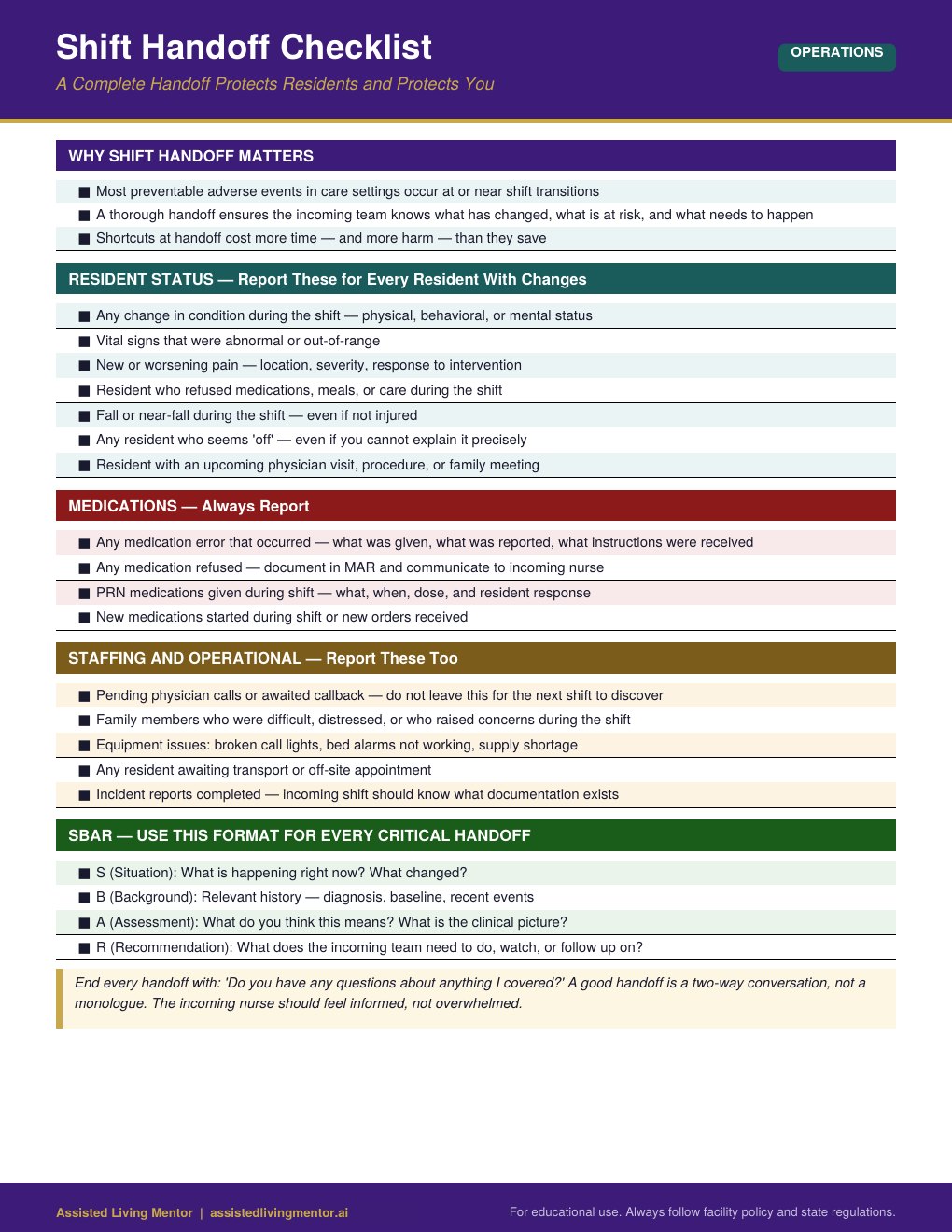 Shift Handoff Checklist caregiver reference card